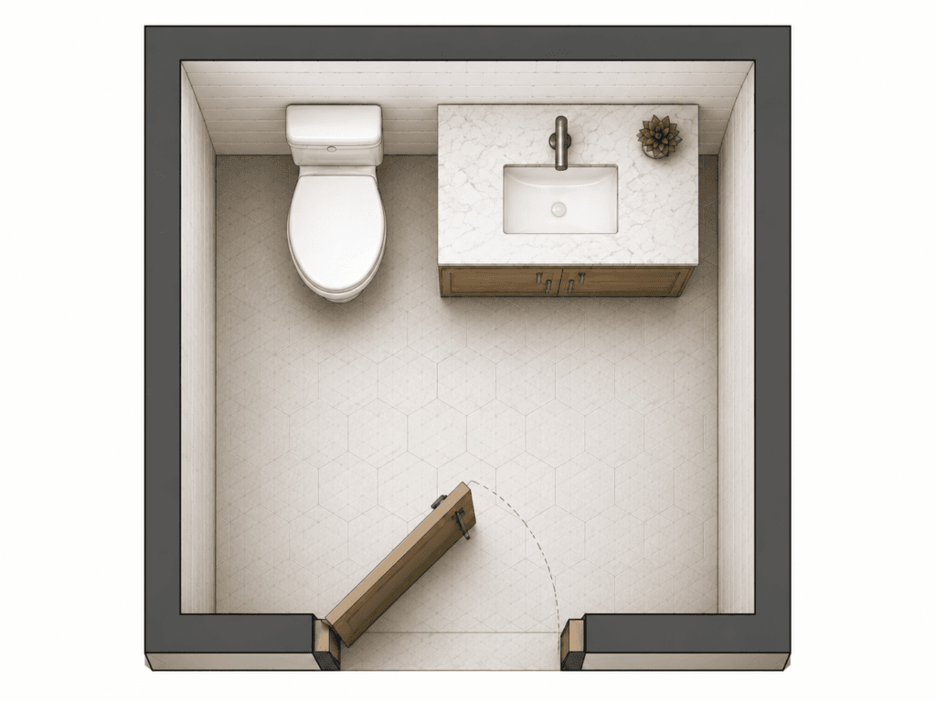 Powder room layout with toilet and vanity placed along the same wall in a compact floor plan
