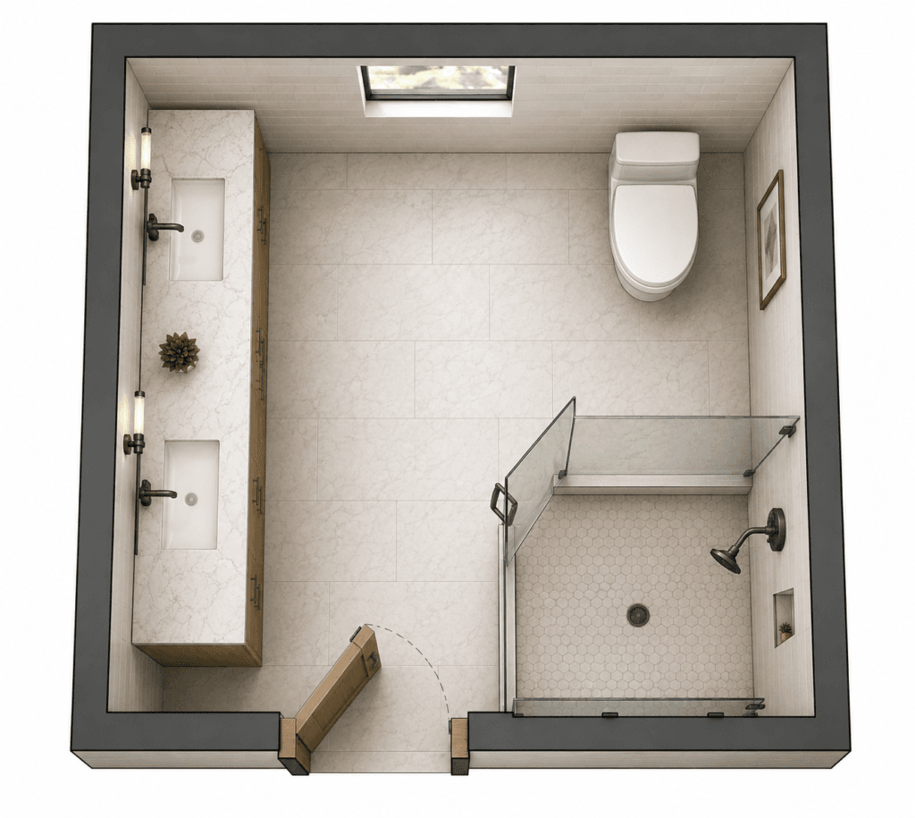 Primary bathroom layout with double vanity, toilet and glass-enclosed shower arranged in a spacious floor plan