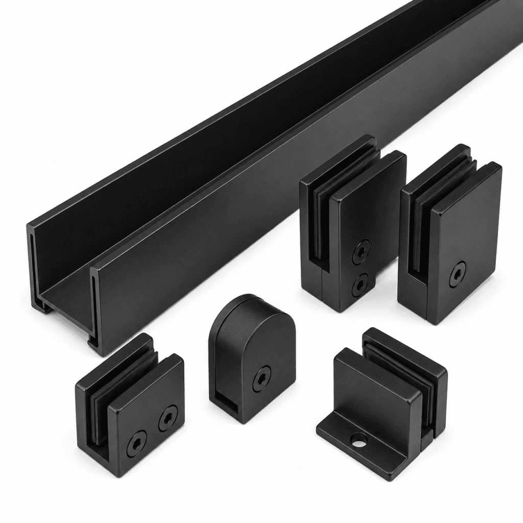 Matte black shower glass channels and clamps on a white background