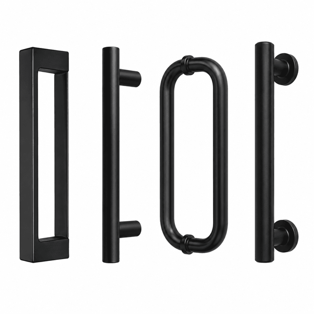 Matte black shower door handles and pulls in several common styles for frameless glass enclosures