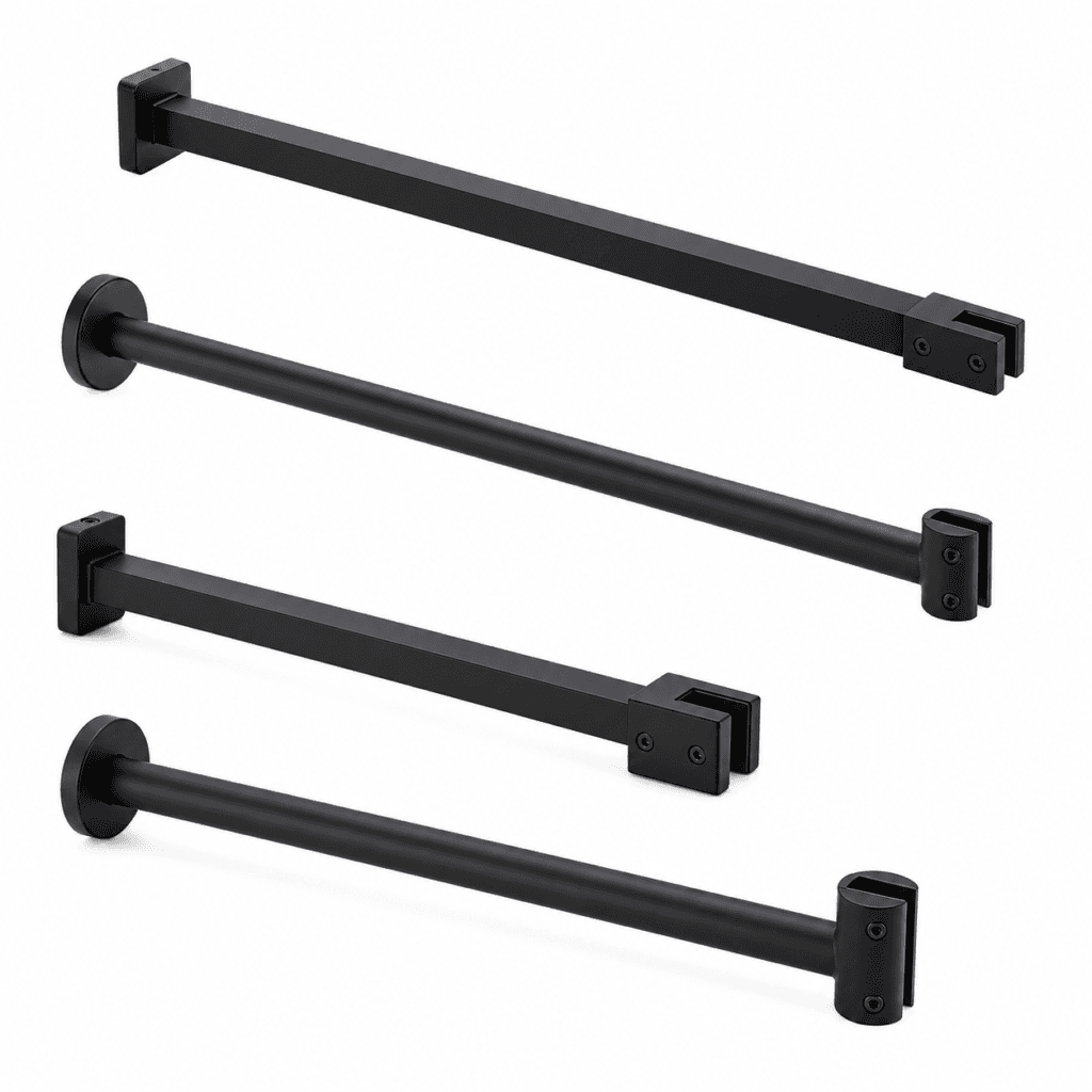 Matte black shower glass support bars and stabilizer hardware for frameless glass enclosures