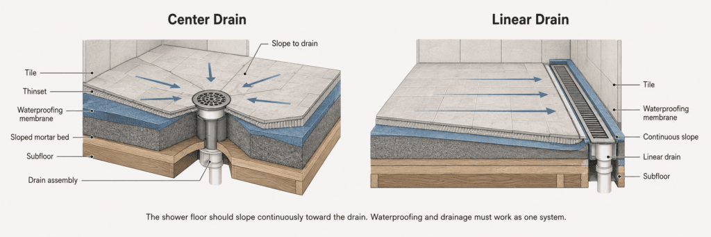 Technical diagram comparing center drain and linear drain shower floors with waterproofing membrane, sloped mortar bed and drainage direction
