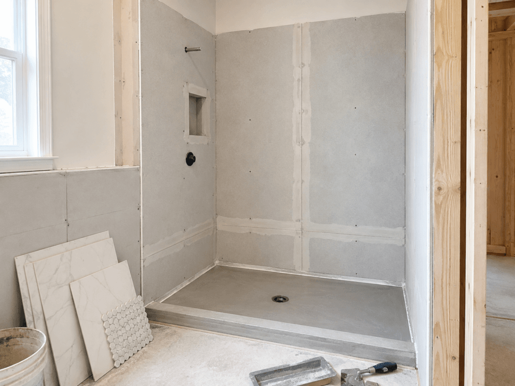 Shower substrate preparation before waterproofing with cement backer board, taped seams, niche and prepared shower pan