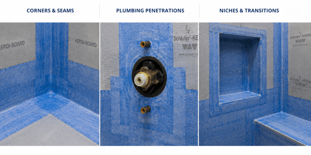Shower waterproofing details showing reinforced corners and seams, sealed plumbing penetrations, and waterproofed niches and transitions