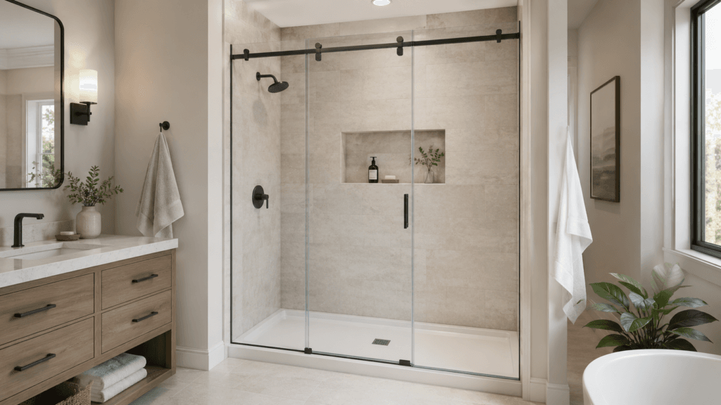 Sliding bypass shower enclosure with overlapping glass doors in a modern bathroom