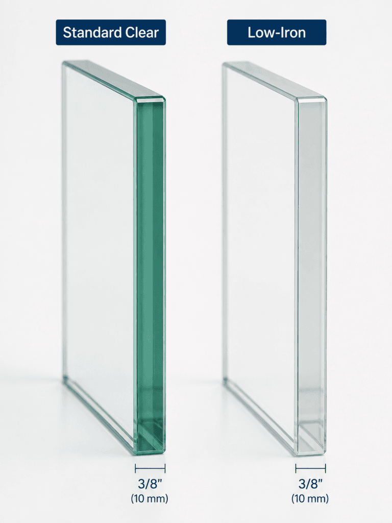 Comparison of 3/8 inch polished standard clear glass and low-iron glass showing the green edge tint difference