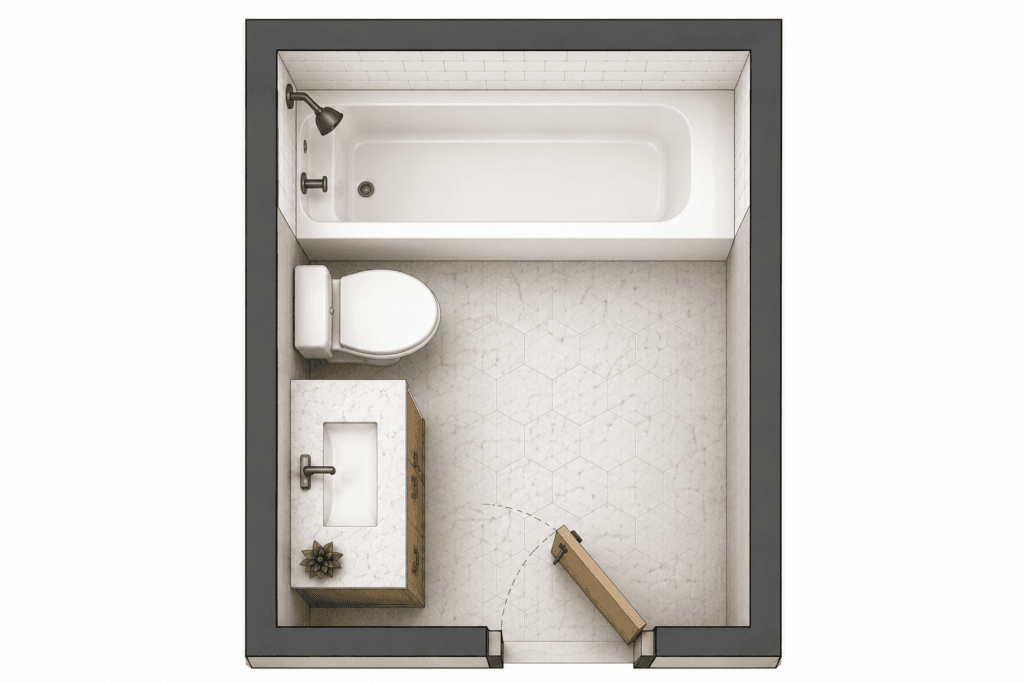 Standard full bathroom layout with tub shower, toilet and vanity arranged along a compact floor plan