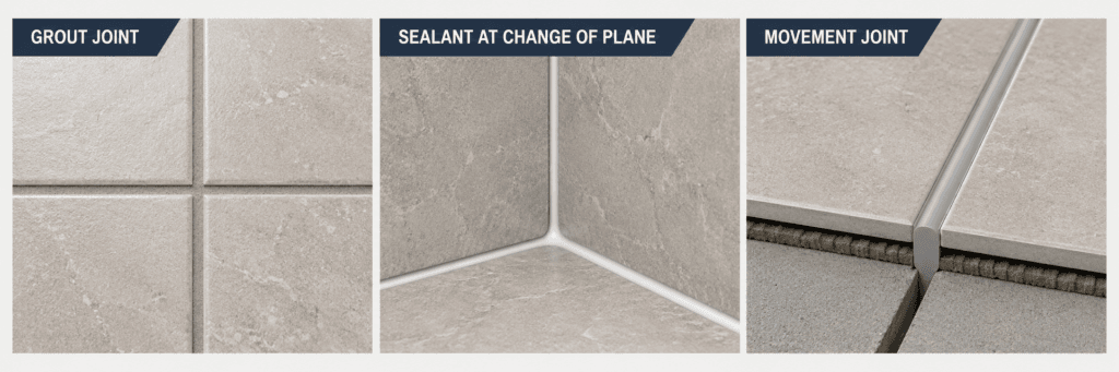 Tile installation details showing grout joint, flexible sealant at a change of plane and a movement joint between tiled surfaces