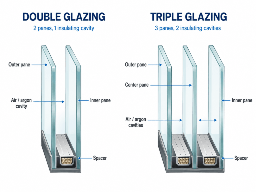 Comparison of double glazing and triple glazing showing two-pane and three-pane insulated glass construction