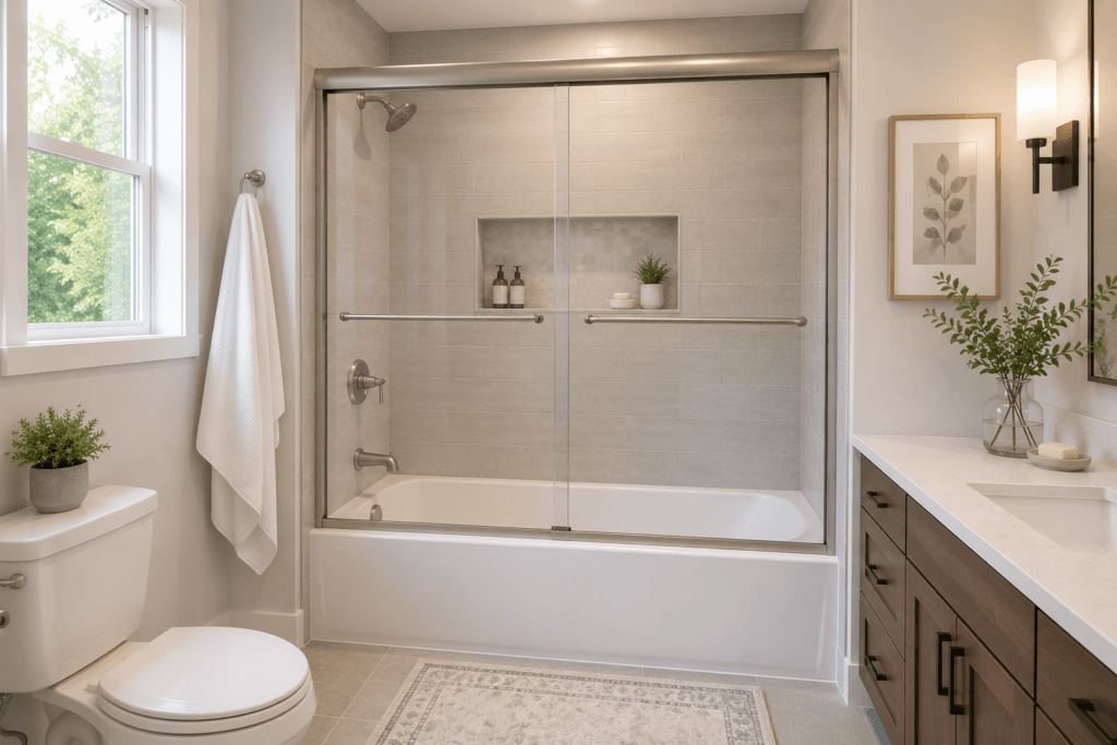 Tub and shower combination with sliding glass enclosure, tiled walls, recessed niche and modern bathroom fixtures