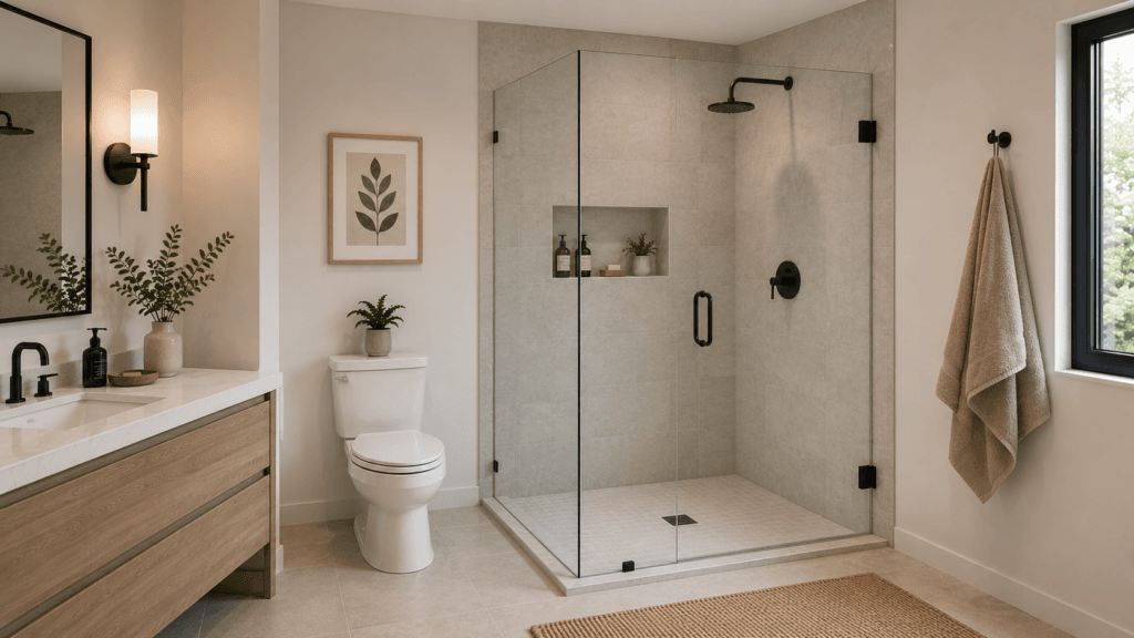 Two-sided corner shower enclosure with frameless glass, hinged door, tiled walls and modern black shower hardware