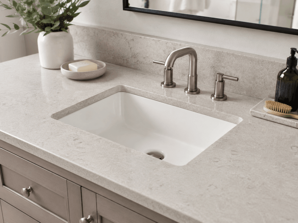 Undermount bathroom sink with light stone countertop, widespread faucet and modern vanity