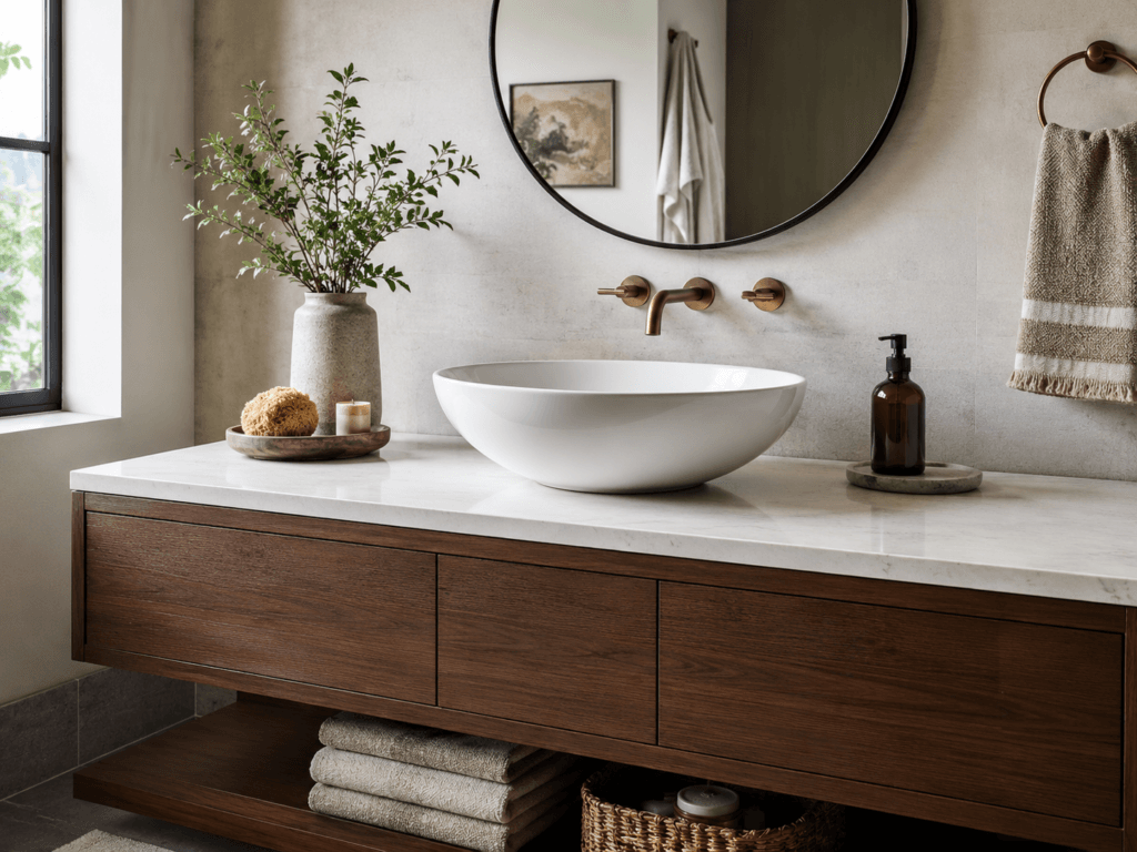 White vessel bathroom sink on a stone countertop with wall-mounted brass faucet and wood vanity