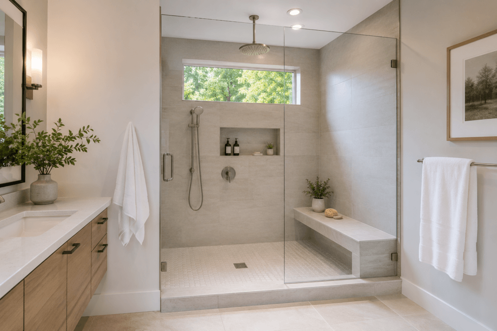 Modern walk-in shower with frameless glass enclosure, tiled walls, built-in bench, niche and rainfall shower