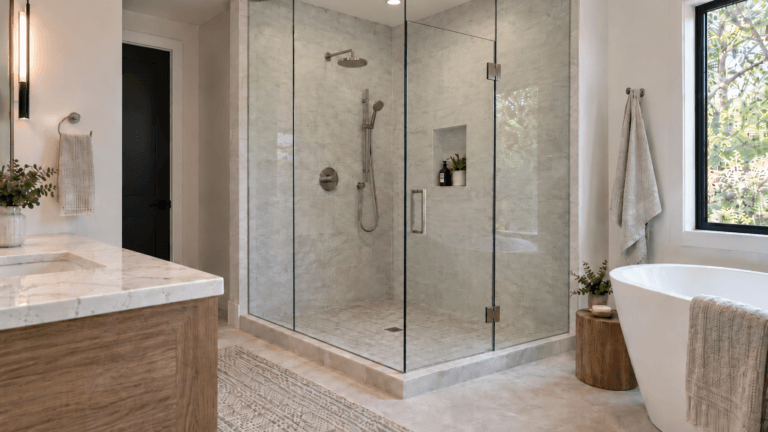 Frameless shower enclosure with hinged glass door, fixed panel and minimal hardware in a modern bathroom