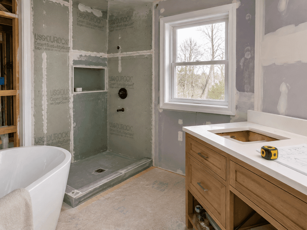 Residential bathroom remodel with shower, vanity and updated finishes