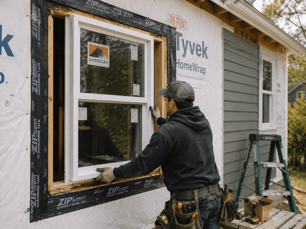 Contractor installing a residential replacement window with exterior weather barrier