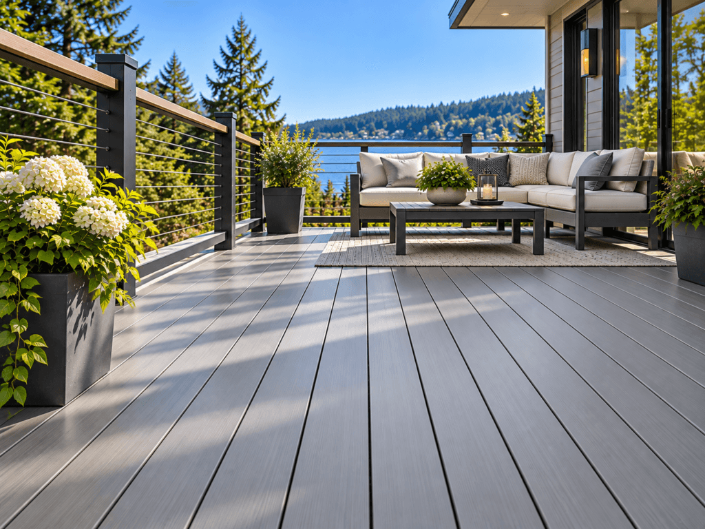 Aluminum decking with gray powder-coated boards and concealed fasteners