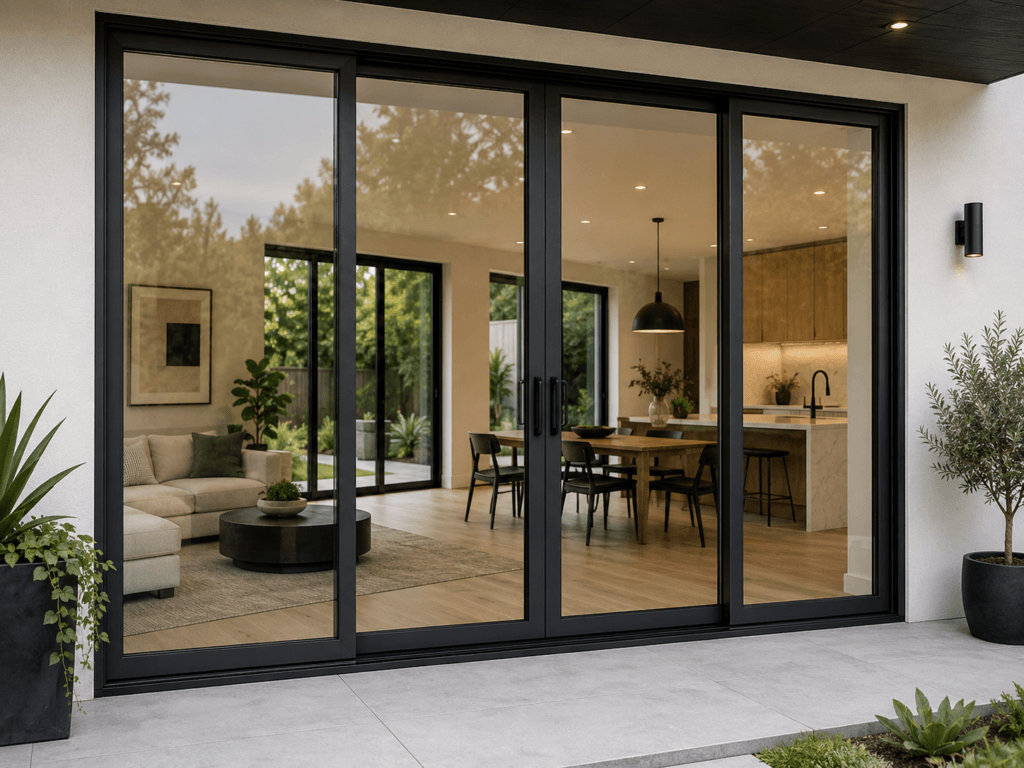 Modern aluminum framed patio door with slim black profiles, large glass panels and contemporary residential exterior opening