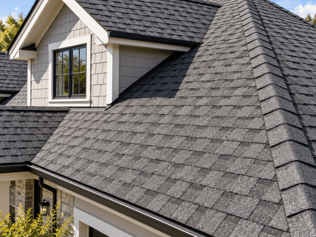 Close-up of architectural asphalt shingles with ridge caps and roof valley details