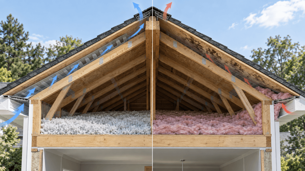 Attic and roof cutaway showing proper soffit-to-ridge airflow on one side and blocked airflow with moisture staining on the other