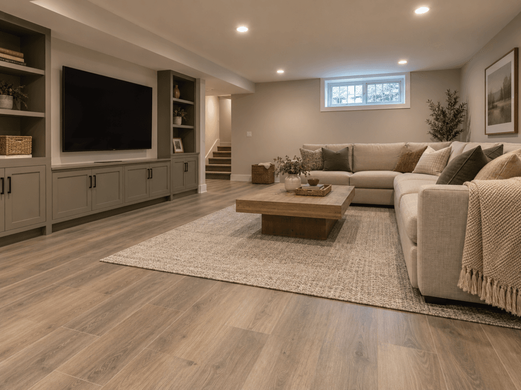 Finished basement family room with wood-look resilient flooring over a concrete slab area