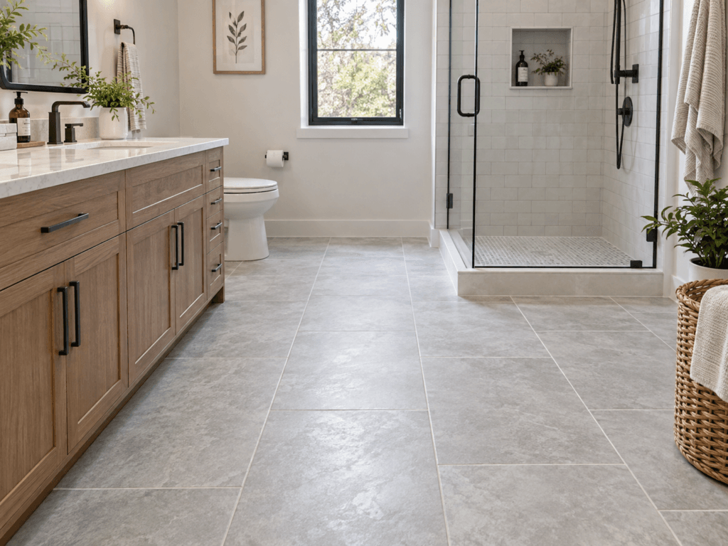 Modern bathroom with large-format tile flooring, walk-in shower and wood vanity