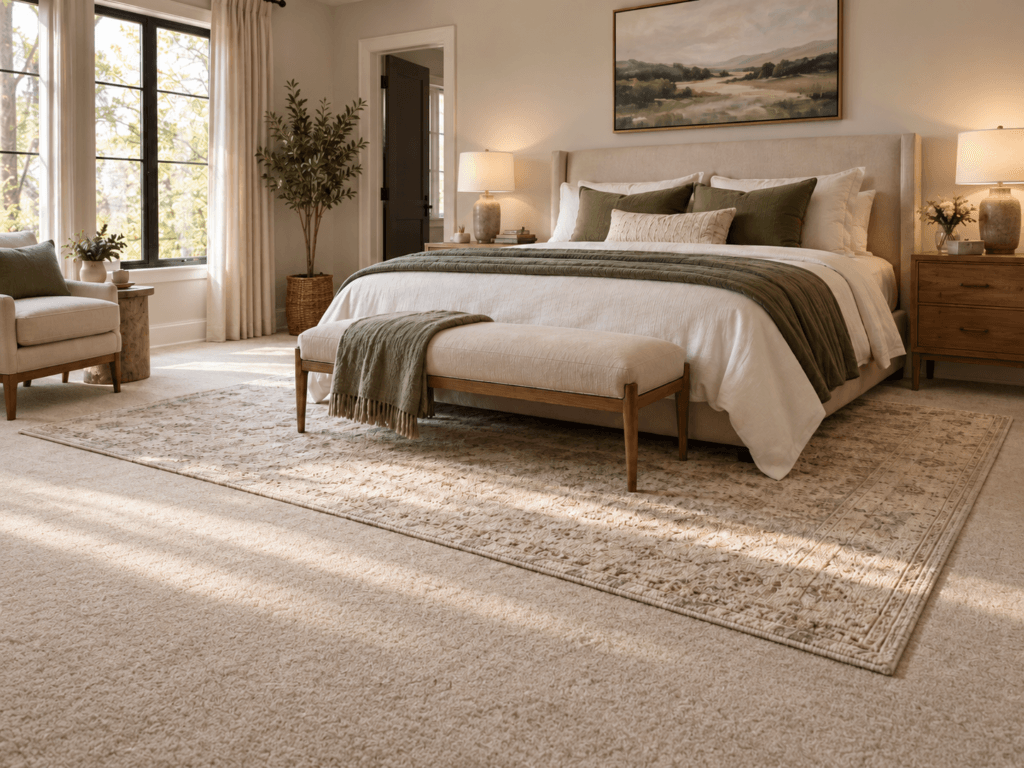 Comfortable bedroom with soft wall-to-wall carpet, upholstered bed and natural light