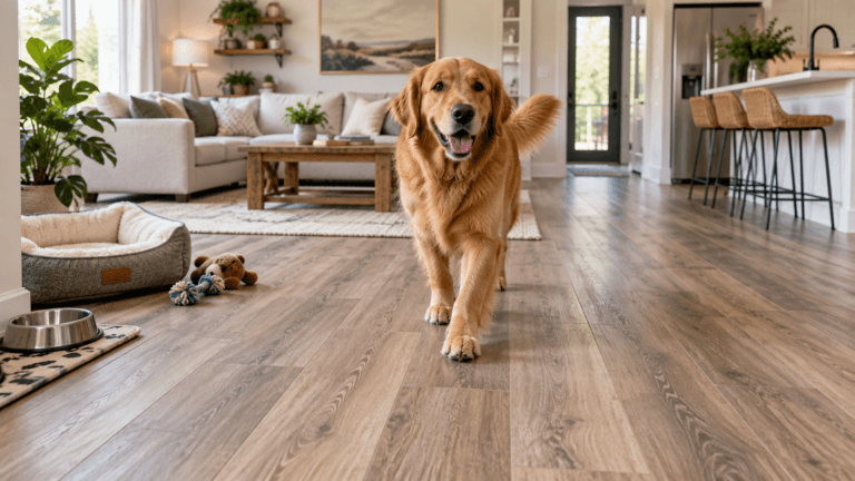 Golden retriever walking across wood-look flooring in a bright modern home with a dog bed, toys and water bowl nearby.