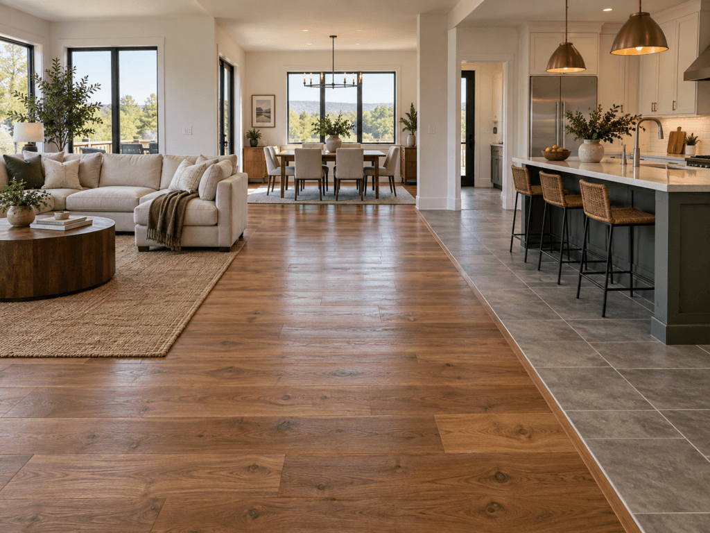 Open-concept home interior showing coordinated flooring across the living room, dining area and kitchen