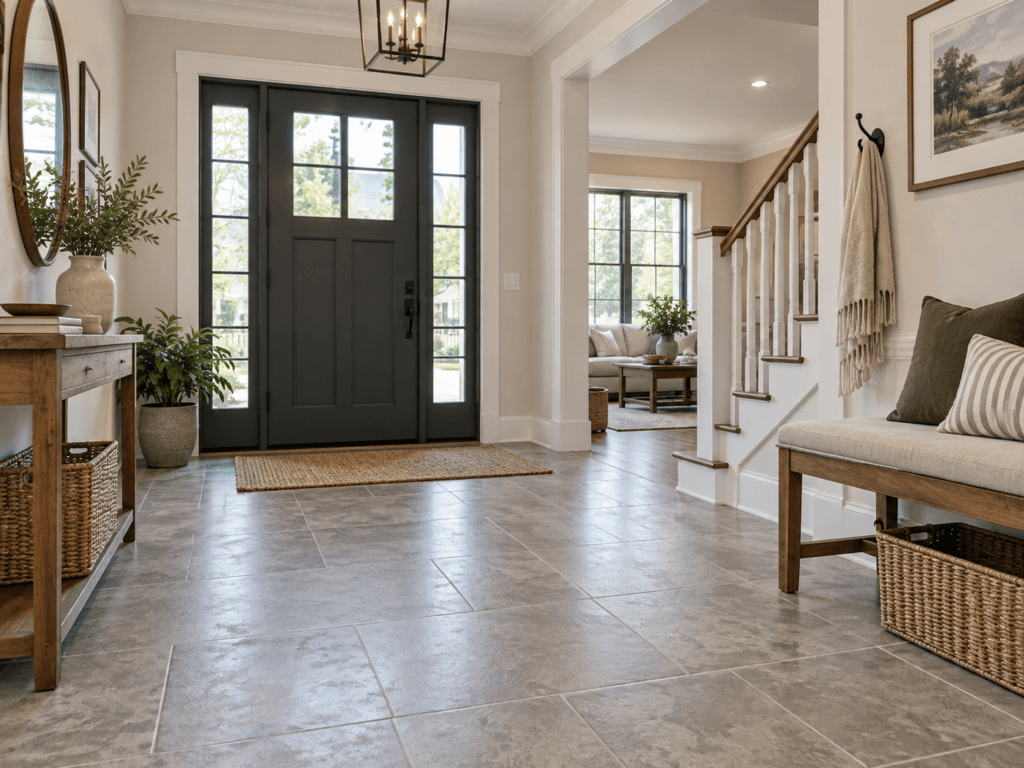Home entryway with durable gray tile flooring, front door and high-traffic foyer area