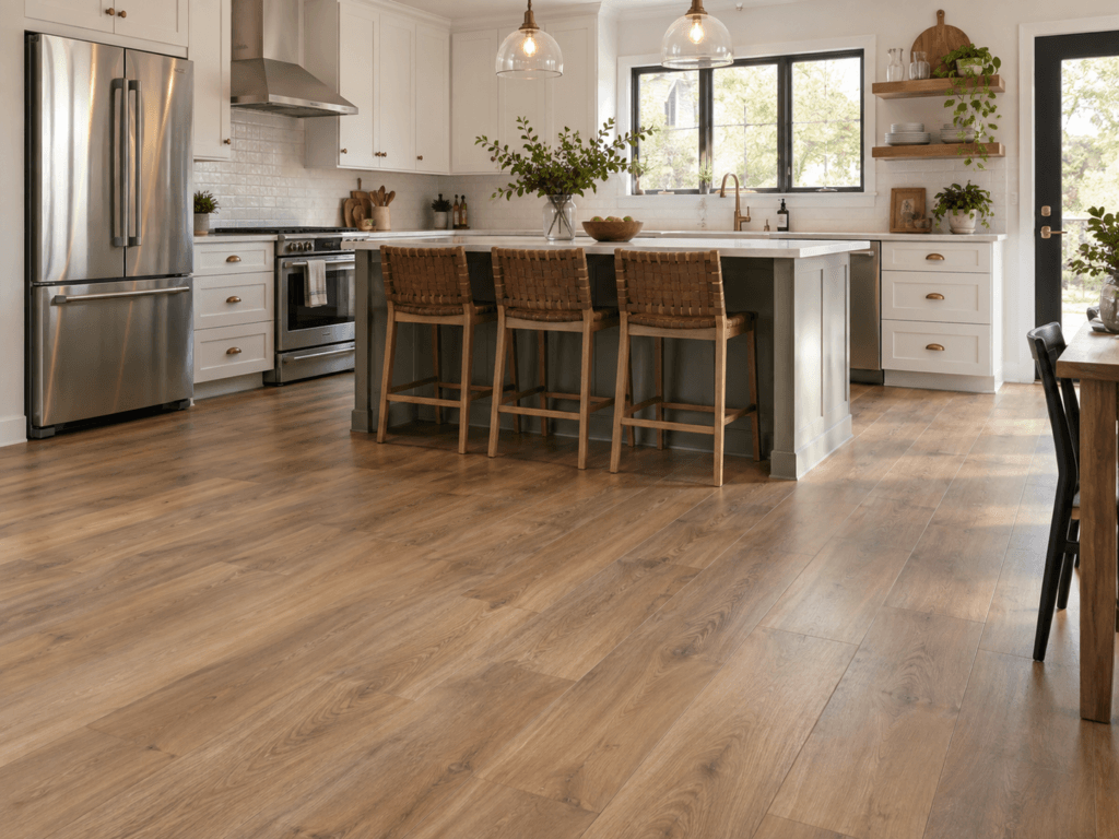 Kitchen with warm wood-look plank flooring, large island and open dining area