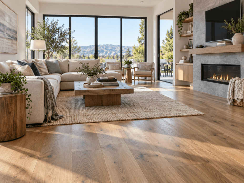 Bright living room with wide-plank wood flooring, area rug and open family space