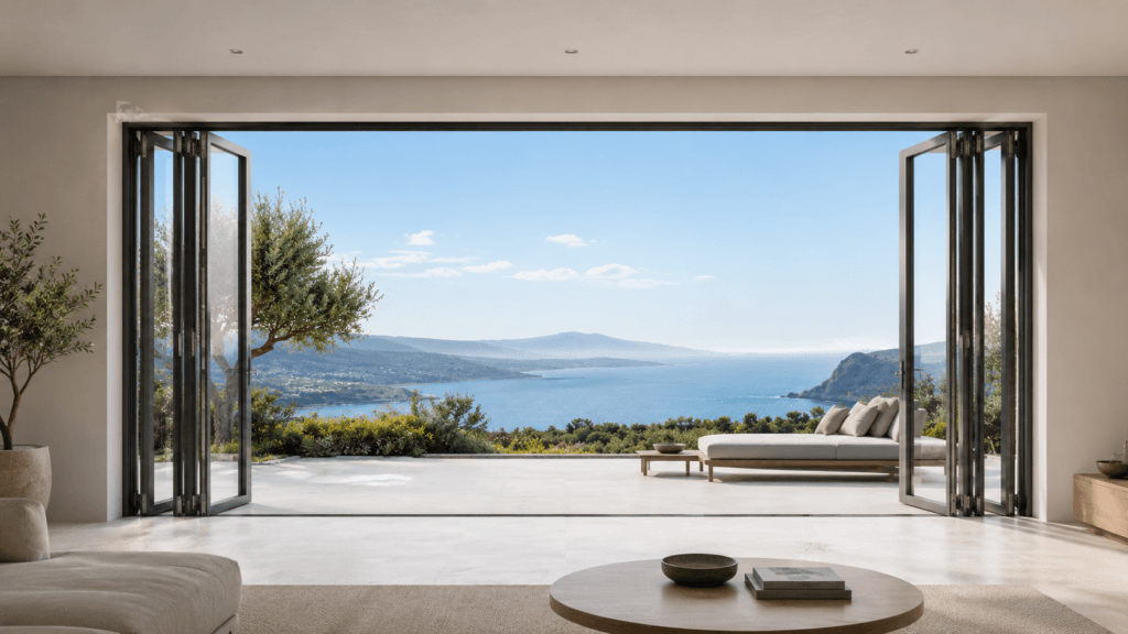 Bi-fold glass door system with multiple black-framed panels folding and stacking neatly to the side of a wide residential opening