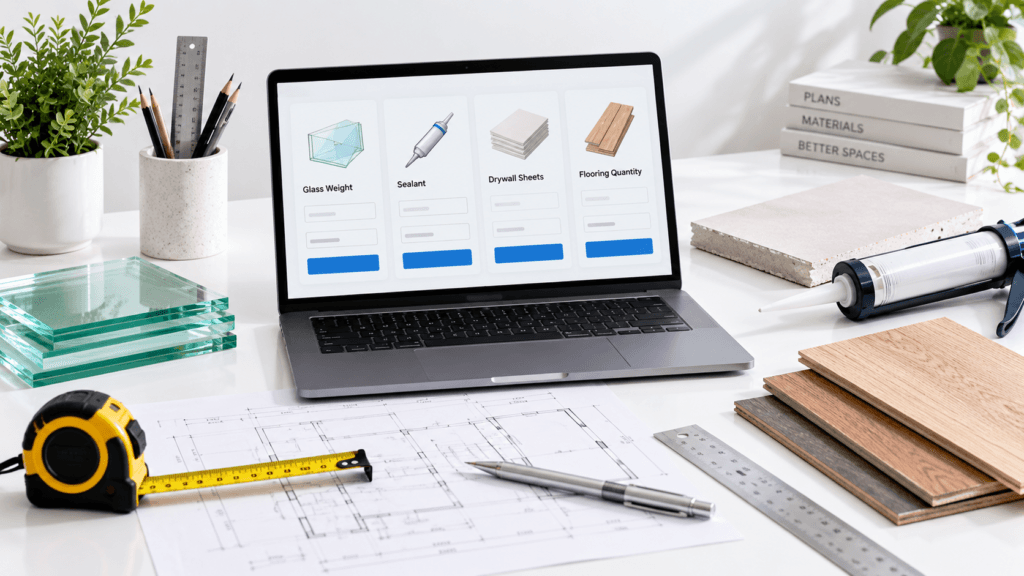 White desk workspace with laptop displaying home improvement calculators, glass samples, sealant gun, drywall board and flooring samples