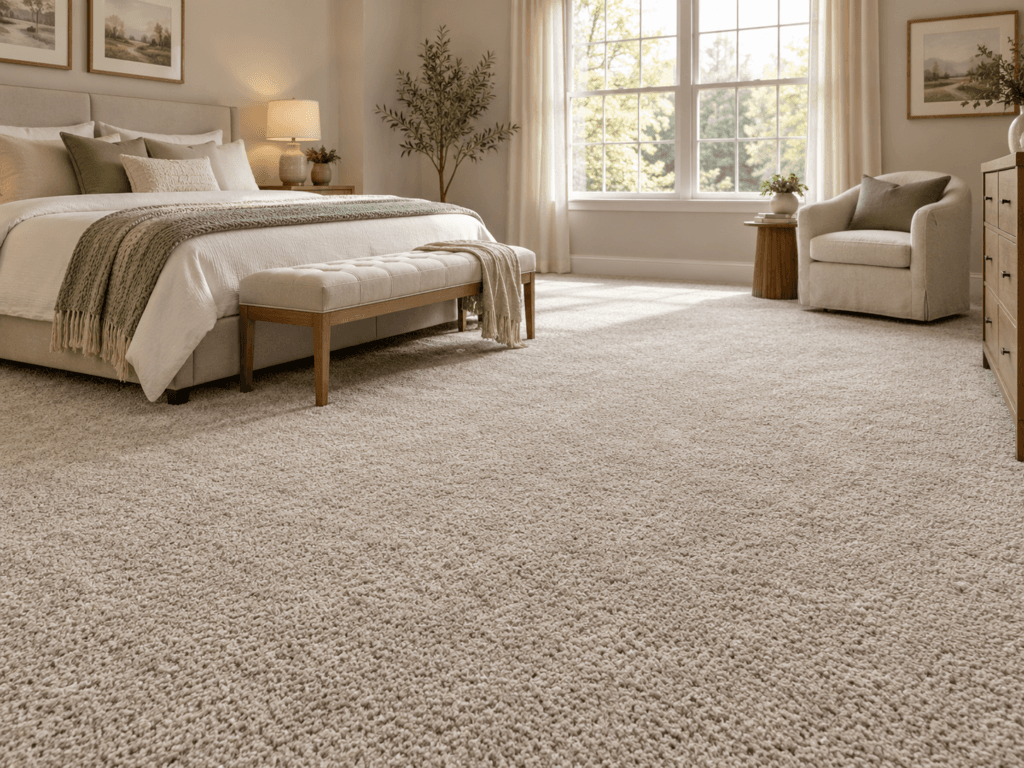 Bedroom with soft neutral wall-to-wall carpet flooring and natural daylight