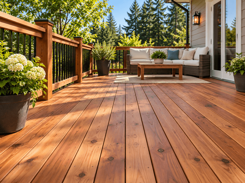 Cedar and redwood deck with warm natural wood grain and finished boards