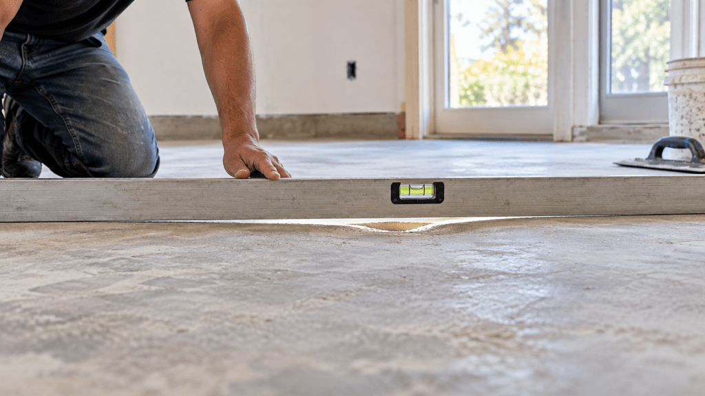 Installer checking a concrete subfloor for flatness with a long straightedge, showing a visible low spot before flooring installation.