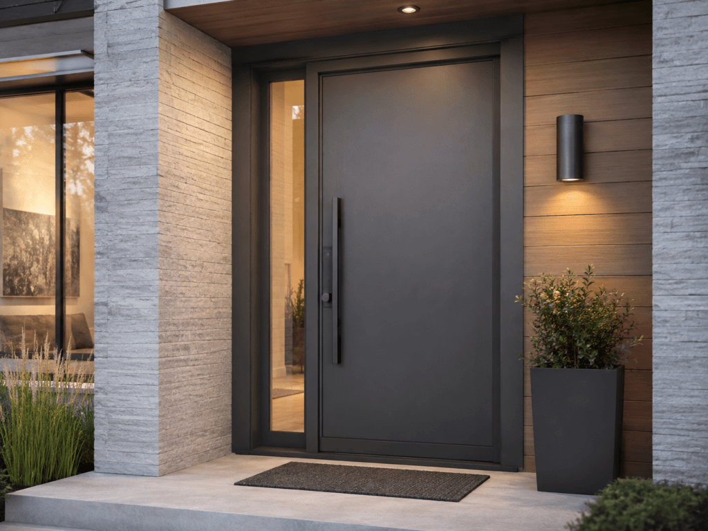 Clad composite residential door system showing warm wood interior surface with durable dark exterior cladding and insulated construction