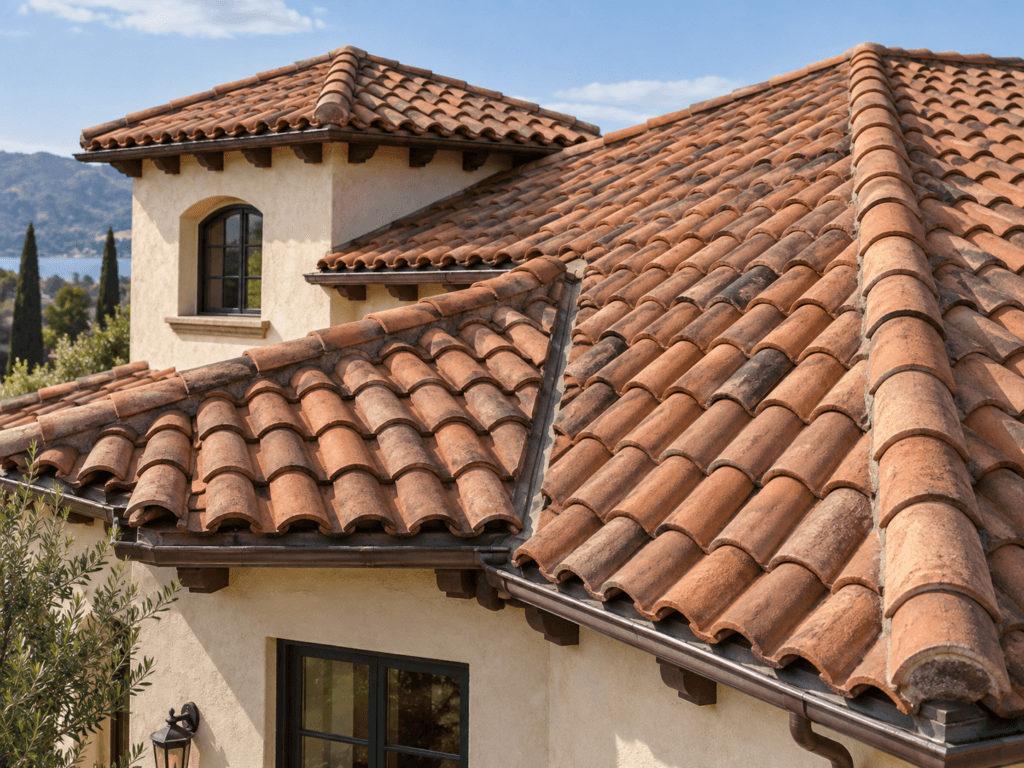 Close-up of clay tile roofing on a Mediterranean-style home