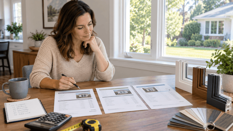 Homeowner comparing window replacement quotes, pricing and window frame samples
