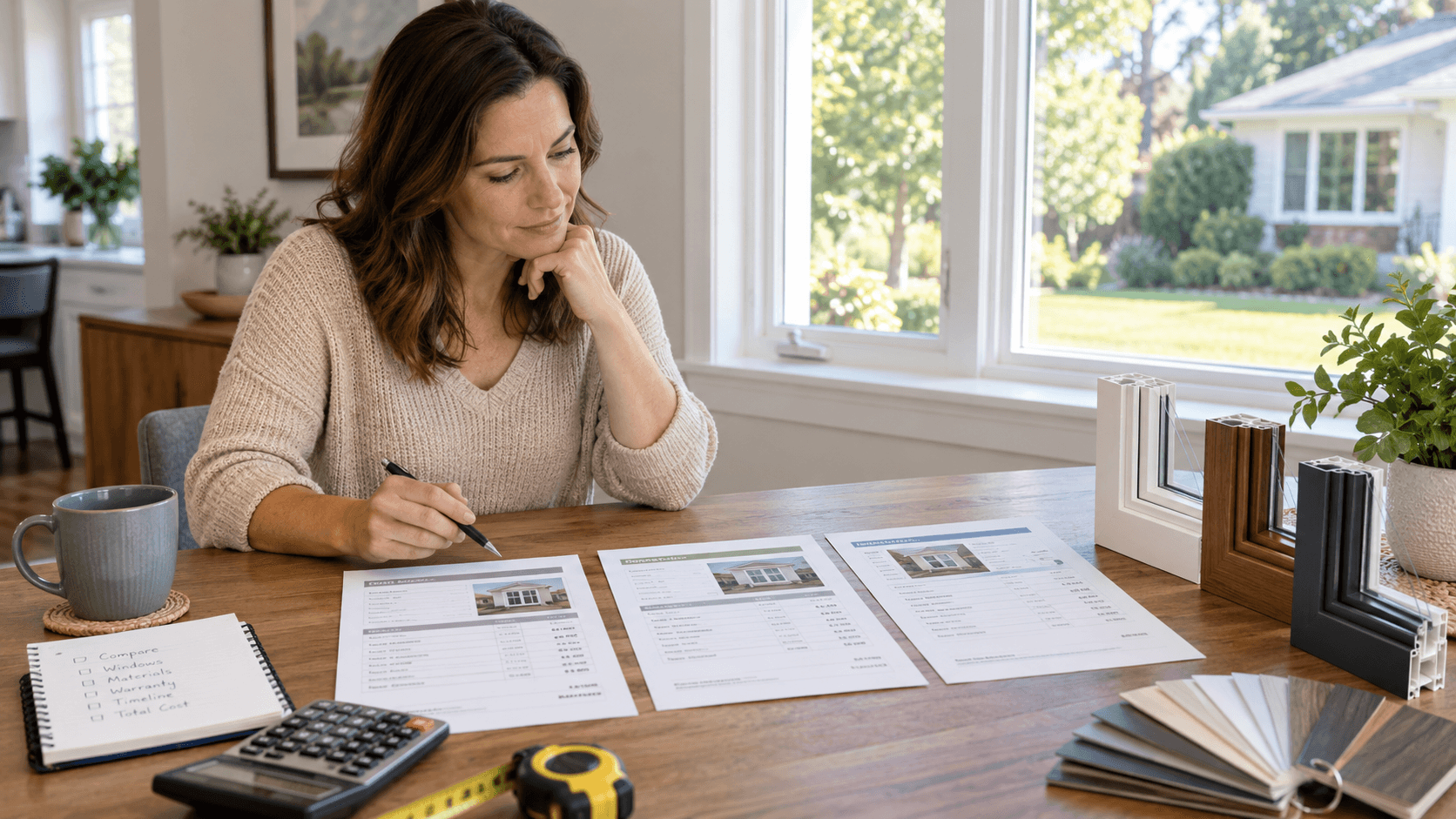 Homeowner comparing window replacement quotes, pricing and window frame samples