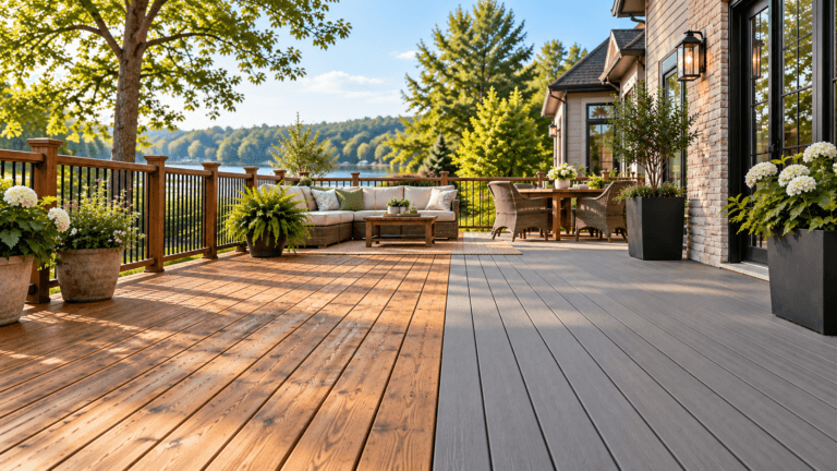 Composite decking vs wood comparison on a finished residential deck