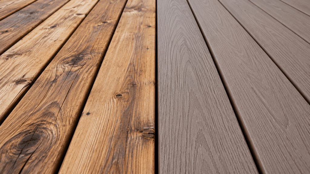 Composite decking vs wood close-up showing natural wood grain beside capped composite boards