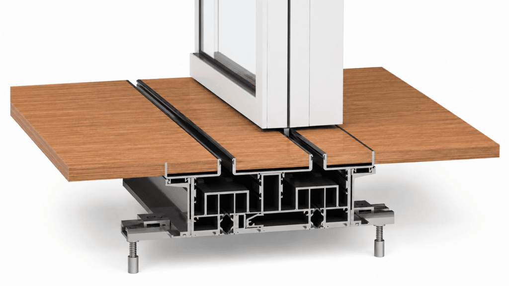 Concealed sliding door track cross-section showing finished flooring over the recessed track with a narrow operating slot