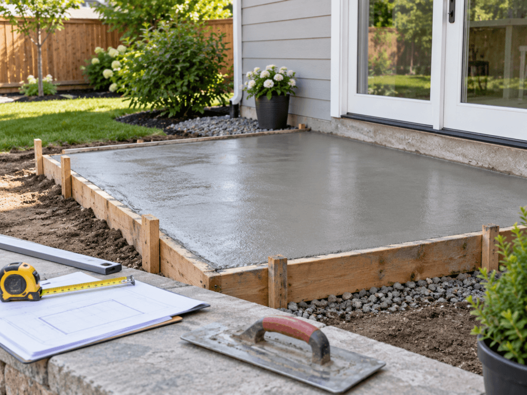 Concrete calculator image showing a freshly poured backyard patio slab with forming boards and basic tools