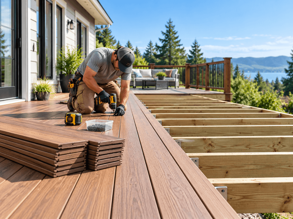 Deck construction scene showing a worker fastening deck boards beside exposed joists, stacked boards and measuring tools