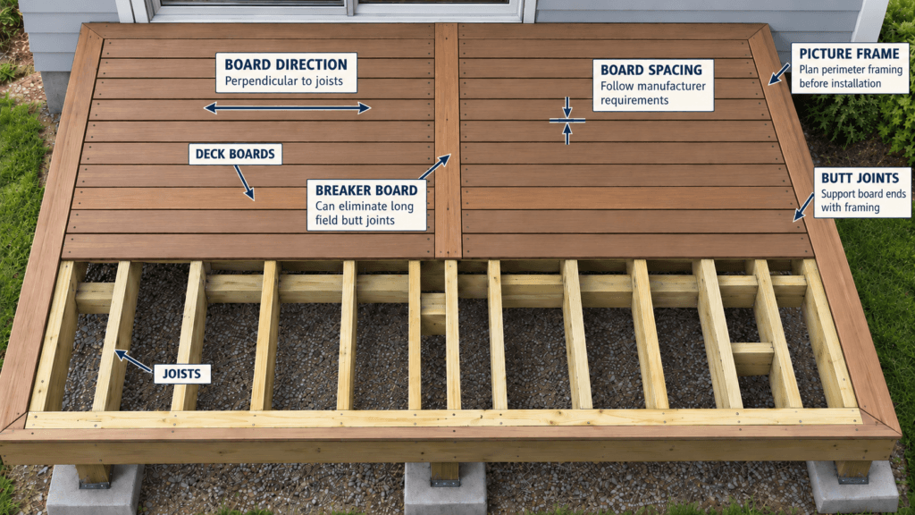 Deck board installation diagram showing board direction, spacing, breaker board, butt joints, picture-frame border and joist alignment