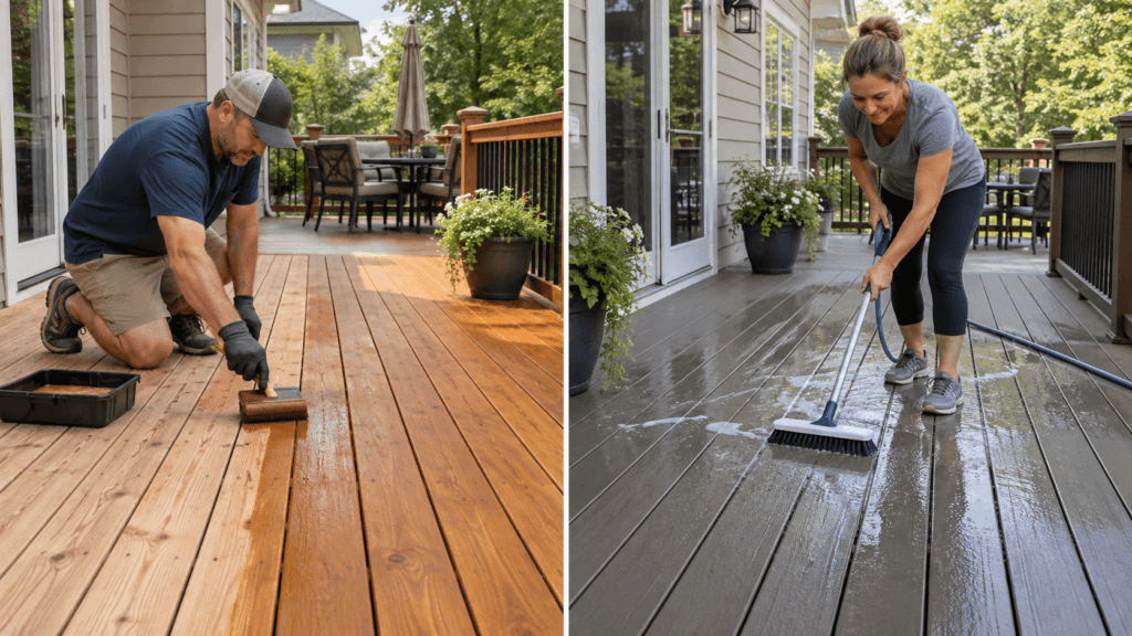 Homeowner staining a natural wood deck beside a homeowner cleaning composite decking with a soft brush and hose.