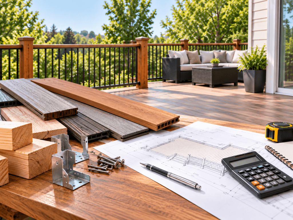 Deck cost planning table with decking samples, framing lumber, hardware, calculator and deck plans